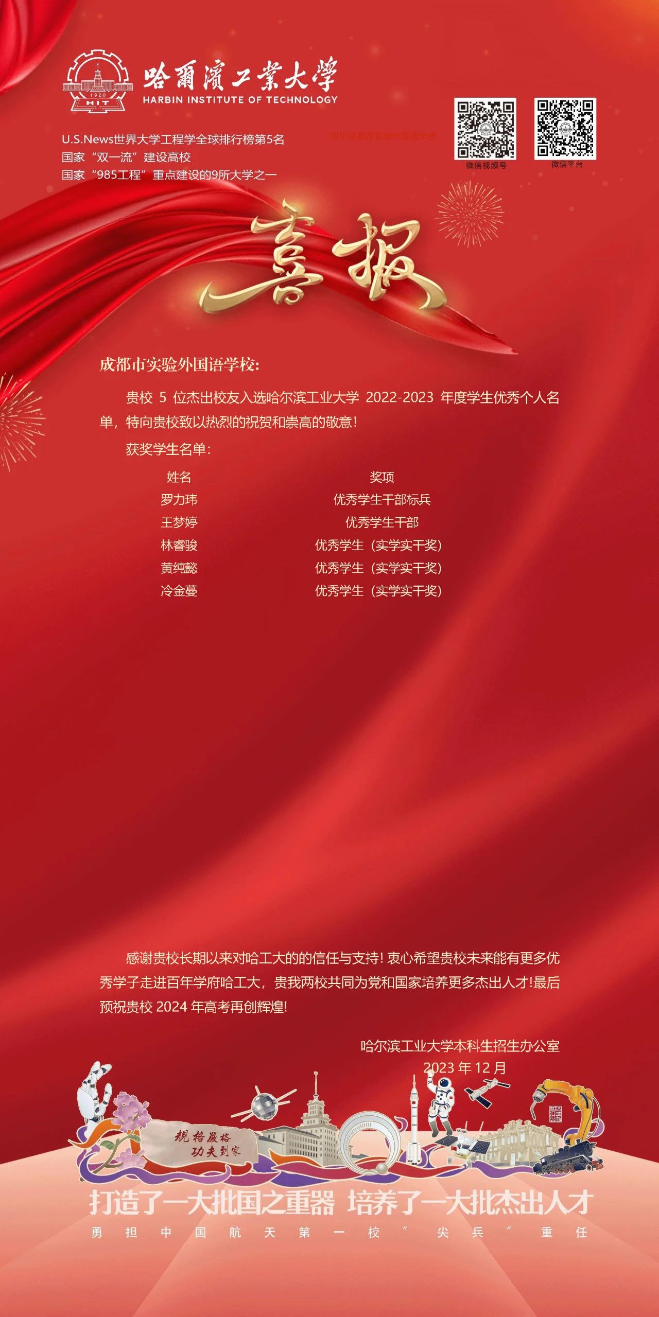 哈尔滨工业大学发来喜报！